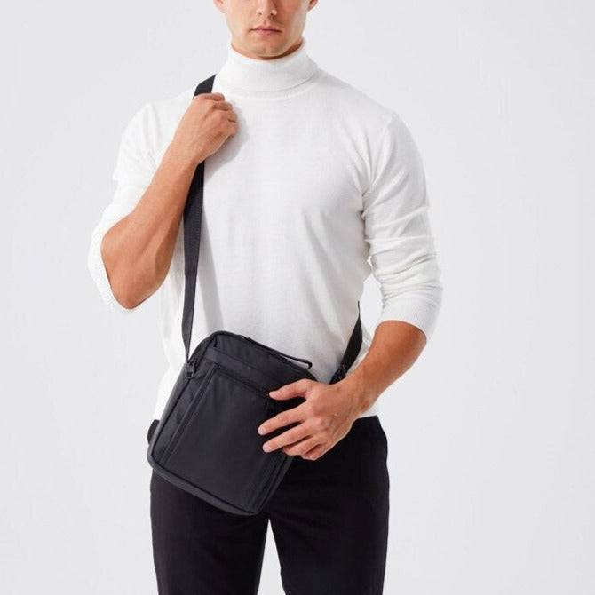 Casual men's fashion assortment with waterproof shoulder bag, including jackets, suits, shorts, shoes, big watches, oversized zip hoodies, and streetwear8