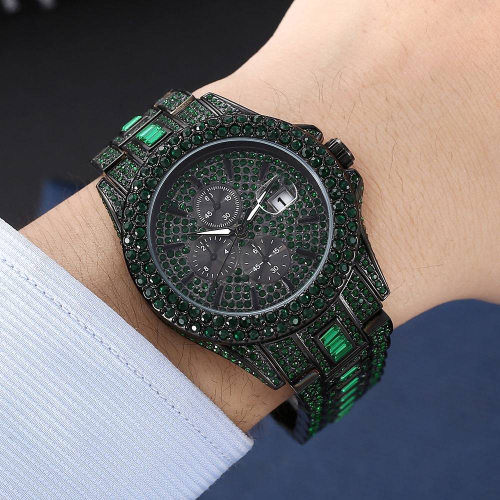 Green Iced Diamond Wristwatch