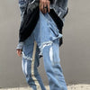Stylish men&#39;s fashion ensemble with blue baggy flare jeans, oversized zip hoodie, and big watches for everyday streetwear3