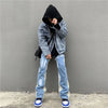 Stylish men&#39;s fashion ensemble with blue baggy flare jeans, oversized zip hoodie, and big watches for everyday streetwear5