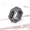 Versatile 3-in-1 Hexagon Stainless Steel Fashion Ring with men&#39;s streetwear including jackets, suits, shorts, shoes, big watches, and oversized zip hoodies3