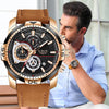 Elegant men&#39;s quartz watch alongside casual leather sports wristwatch with various men&#39;s fashion items including jackets, suits, shorts, shoes, oversized zip hoodies, and streetwear4
