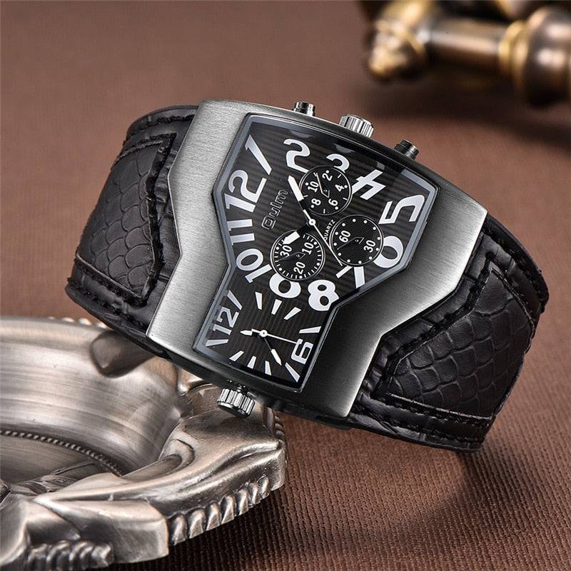 Casual Oulm leather wristwatch in men's fashion streetwear with oversized zip hoodie and shoes5