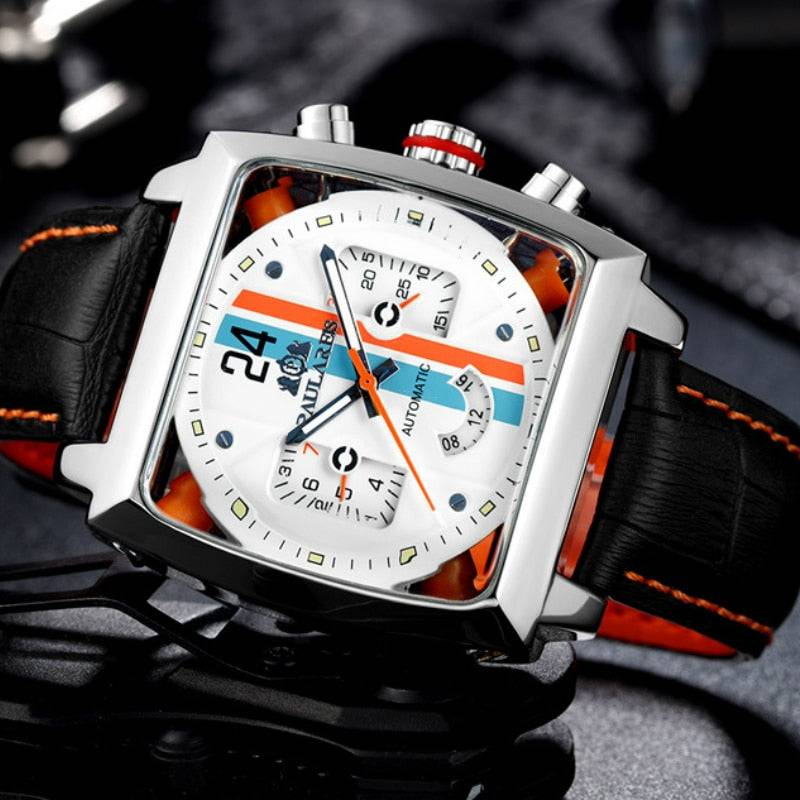 Men's Leather Strap Square Watch